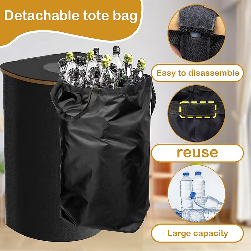Recycling Bin for Kitchen Indoor Home, 100L D-Shaped Foldable Trash Can with Bamboo Frame, Oxford Fabric, Removable Polyester Inner Bags, 5 Rod Support, Ideal Waste Sorter for Bedroom Dorm Hotel2