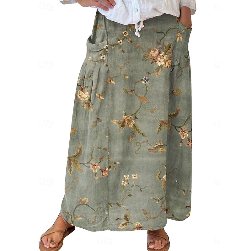Women's Skirt A Line Bohemia Vintage Casual Maxi High Waist Skirts Floral Pocket Print Micro-elastic Street Daily White Blue Green Gray Summer Polyester Cotton Blend3