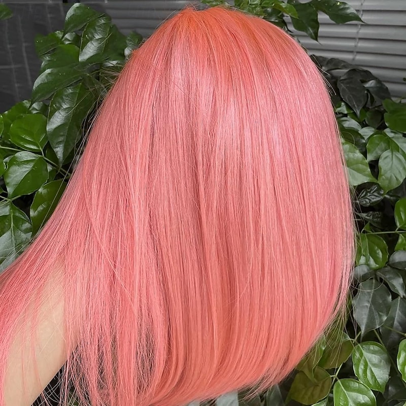 Pink# Human Hair Wig 13*4 Short BOBO Lace Wig Straight Human Hair 150% Density3