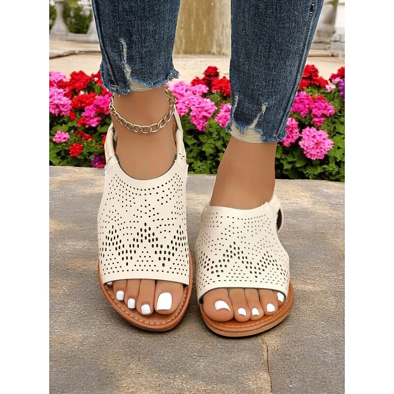 Women's Cream Cutout Peep-Toe Sandals – Breathable Laser-Cut Design, Casual Chic for Spring Walks, Travel & Everyday Comfort