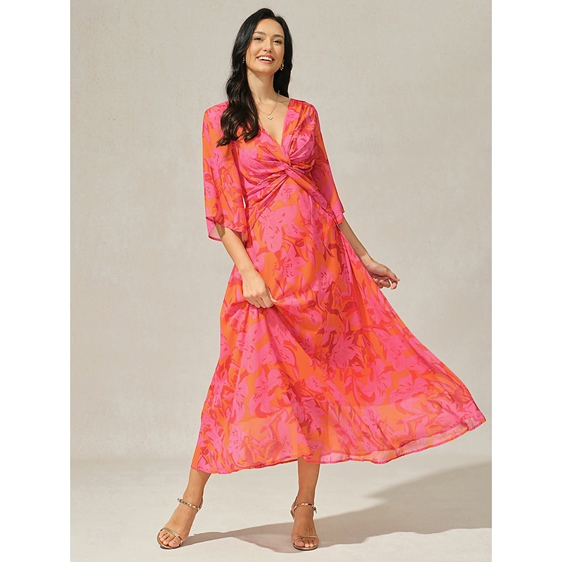 Women's Maxi Dress A Line Dress Elegant Flared Sleeve Wedding Guest Cocktail Party Regular Fit Floral 3/4 Length Sleeve V Neck Red Summer4