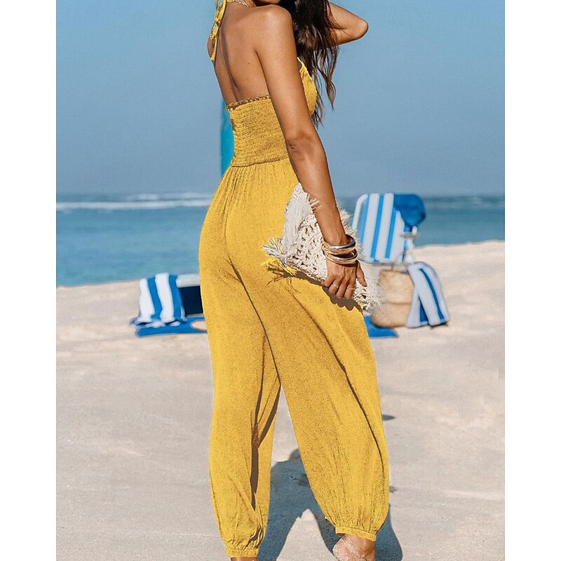 Women's Normal Jumpsuit Streetwear Solid Color Sleeveless Halter Neck Pocket Street Daily Regular Fit Black Yellow Navy Blue Summer4