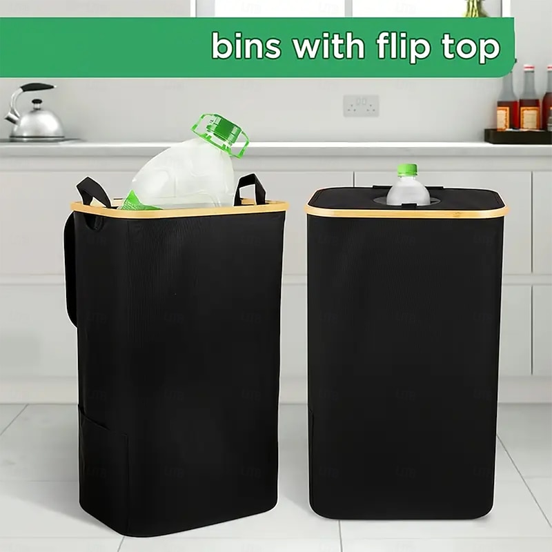 Recycling Bin for Kitchen Indoor Home, 100L Laundry Hamper with 2 Removable Inner Bags, Bamboo Frame, Oxford Fabric, Self-Closing Top Opening, Side Pocket, Organizer for Bottles Clothes Toys Office Dorm3