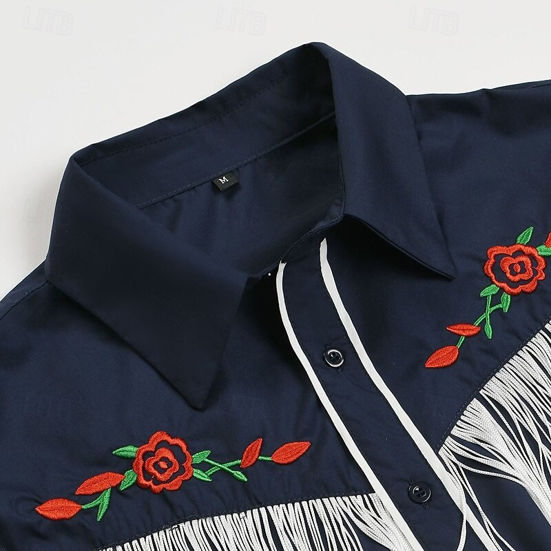 Men's Shirt Summer Shirt Casual Shirt Beach Shirt Western Shirt Button Up Shirt Black Navy Blue khaki Long Sleeve Solid Color Flower Lapel Vacation Casual Embroidered Clothing Apparel Elegant Vintage4