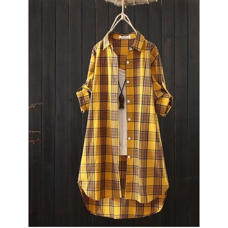 Women's Cotton Linen Shirt Plaid Basic Casual Long Sleeve Shirt Collar Regular Tops Daily Buttons Pocket Print Yellow Red Green Summer