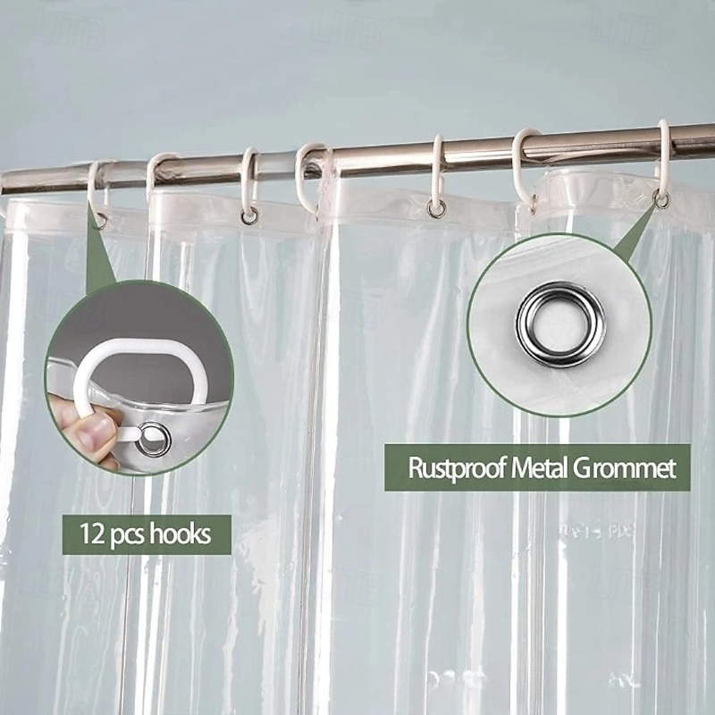 PEVA Shower Curtain Bath Curtain Waterproof Mildew Proof Clear Color White Black, Including Hooks 180x180cm 70"x70" 200cm Long3