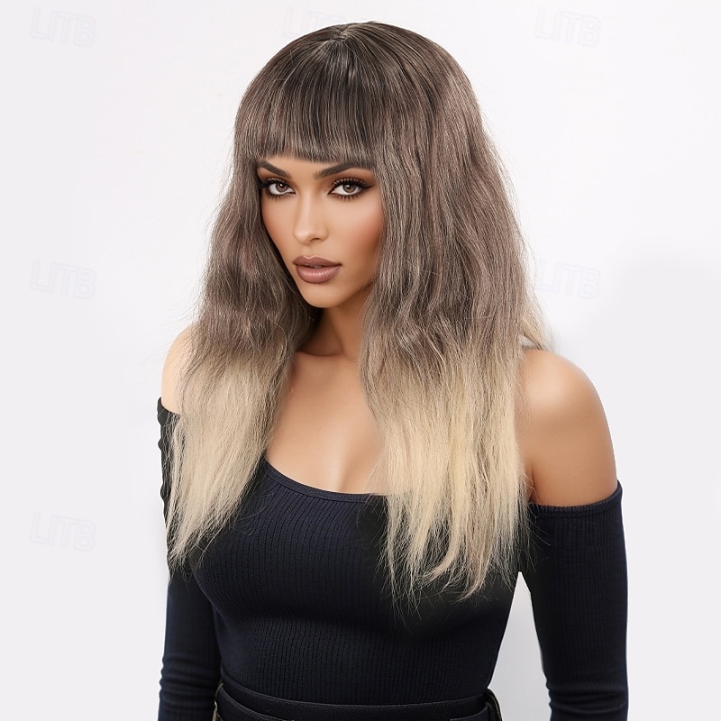 Synthetic Wig kinky Straight Natural Straight Layered Haircut With Bangs Machine Made Wig 20 inch A1 Synthetic Hair Women's Classic Comfortable Color Gradient Blonde4