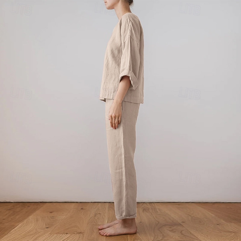 Women's Active Basic Cotton Linen Shirts Blouse Pants Sets Long Sleeve Crew Neck Solid Color Outdoor Going out Pink Army Green Beige Summer Regular Fit2