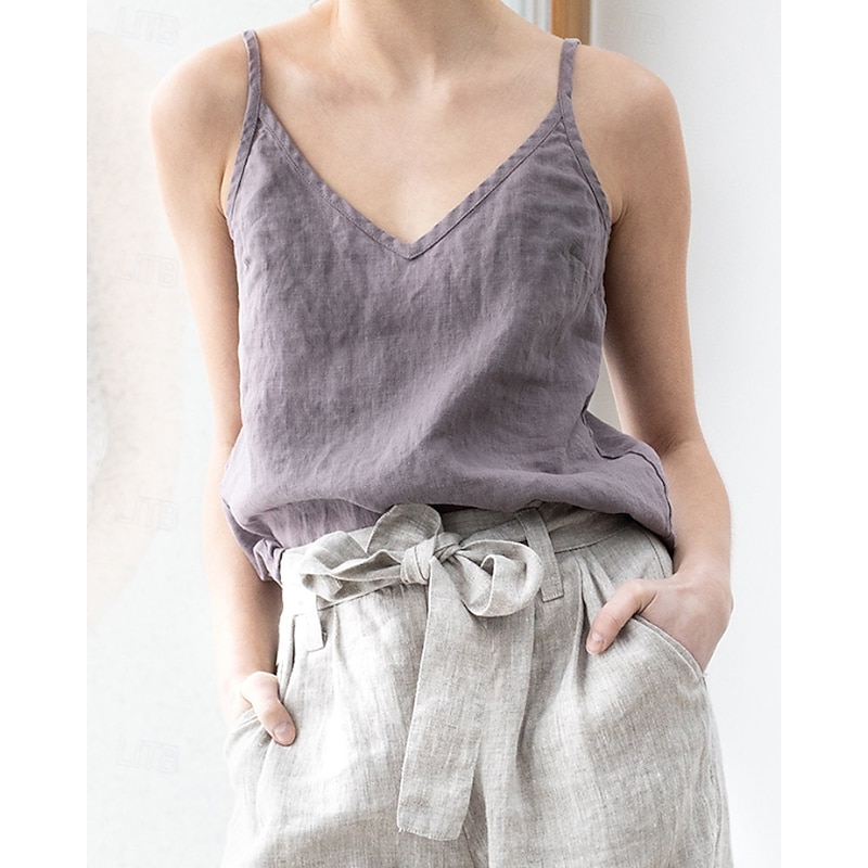 Women's Cotton Linen Vest Blouse Camisole Tank Top Plain Modern Casual Sleeveless V Neck Regular Tops Daily Going out Black White Purple Summer