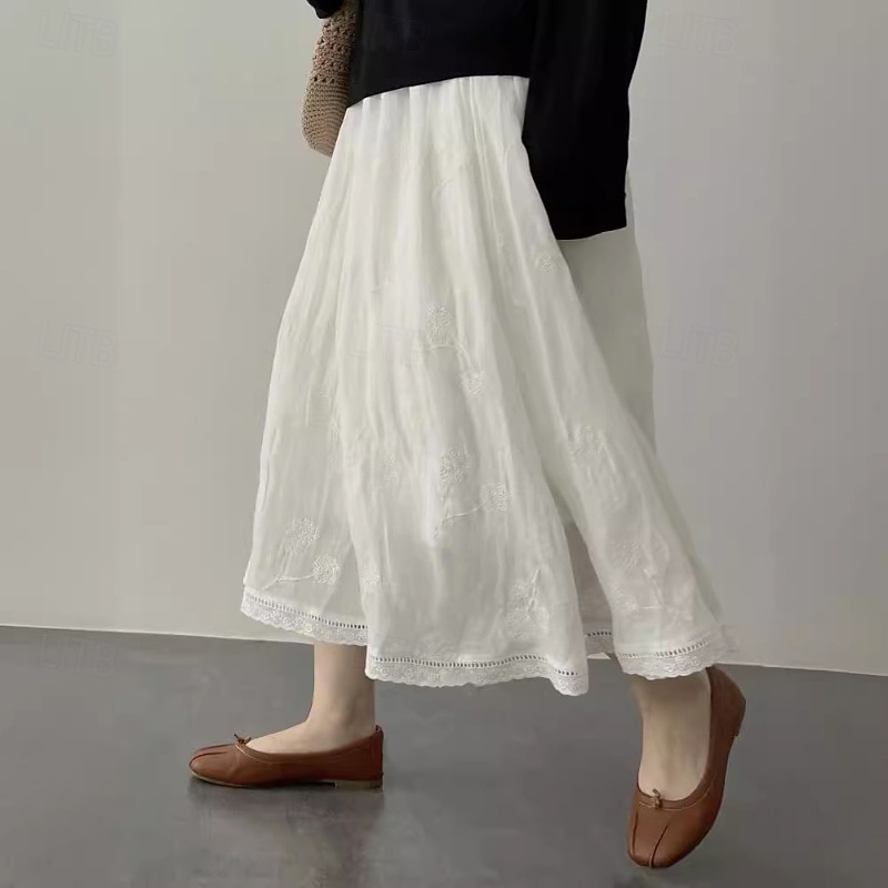 Women's Skirt Fashion Maxi Mid Rise Skirts Plain Embroidered Micro-elastic Vacation Street White Summer Cotton