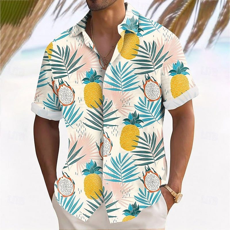 Men's Pineapple Palm Leaf Tropical Plants Summer Hawaiian Shirt Button Up Shirt Aloha Shirt Short Sleeve Hawaiian Vacation Holiday Beach Wear Summer Spring Turndown 3D Print Collared Shirts Apricot