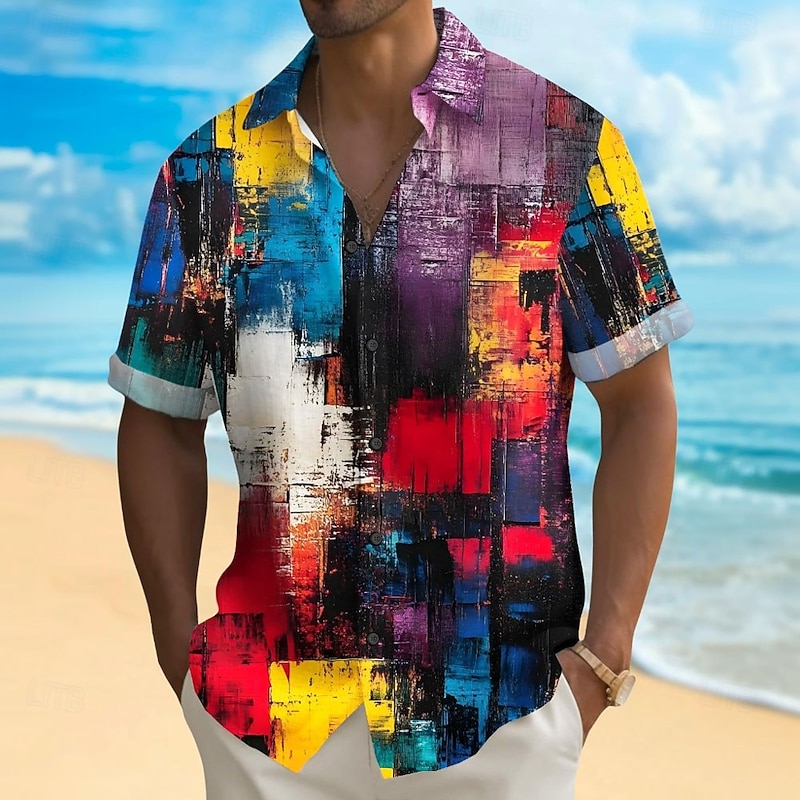 Men's Geometric Color Block Splash Ink Shirt Summer Shirt Button Up Shirt Short Sleeve Fashion Casual Outdoor Vacation Dailywear Summer Spring Turndown 3D Print Collared Shirts Blue
