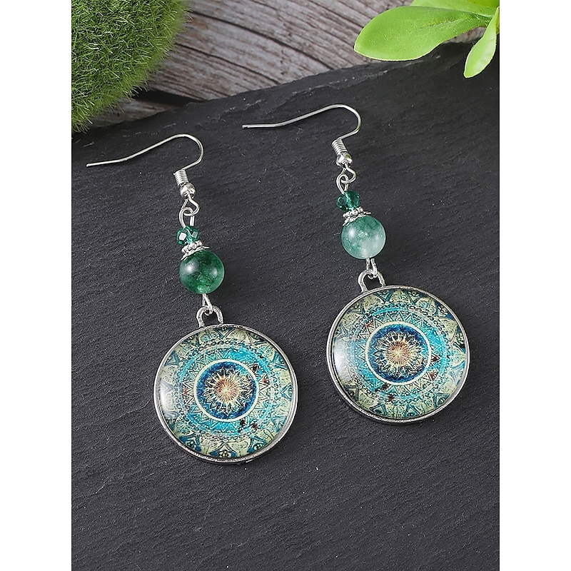 Women's Boho Mandala Dangle Earrings – Vintage Glass Dome with Green Beads, Artistic Ethnic Jewelry for Festivals, Travel and Everyday Wear4