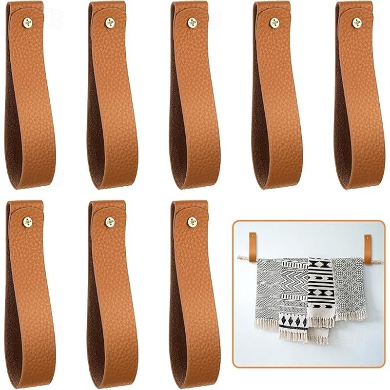 8 Pcs Artificial Leather Wall Hooks 1 x 4.7 Inches Hanging Strap Wall Mounted Loop for Hanging Leather Strap Hangers for Bathroom Kitchen Bedroom Towel Holder Supplies2
