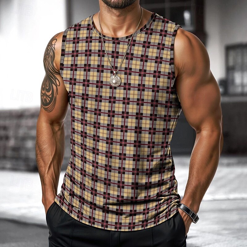 Men's Vest Top Undershirt Sleeveless Shirt Sleeveless Crewneck Spring & Summer Plaid / Striped / Chevron / Round Fashion Designer Vacation Street Going out Sillver Gray Black+beige Black+red+blue Top2