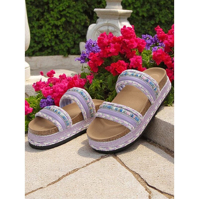 Women's Boho Blue Woven Slide Sandals – Ethnic Platform Slippers for Beach Holidays & Casual Summer Outfits3