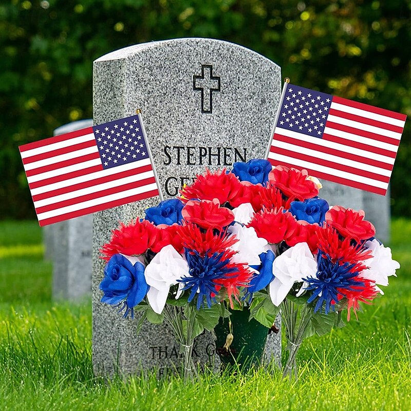 4 Bunches Patriotic Artificial Flowers,4th of July Independence Day Red Blue White Flower with Flags, Memorial Day Bouquet Decorations for Veterans Day Grave Memorial Day Home Decor2