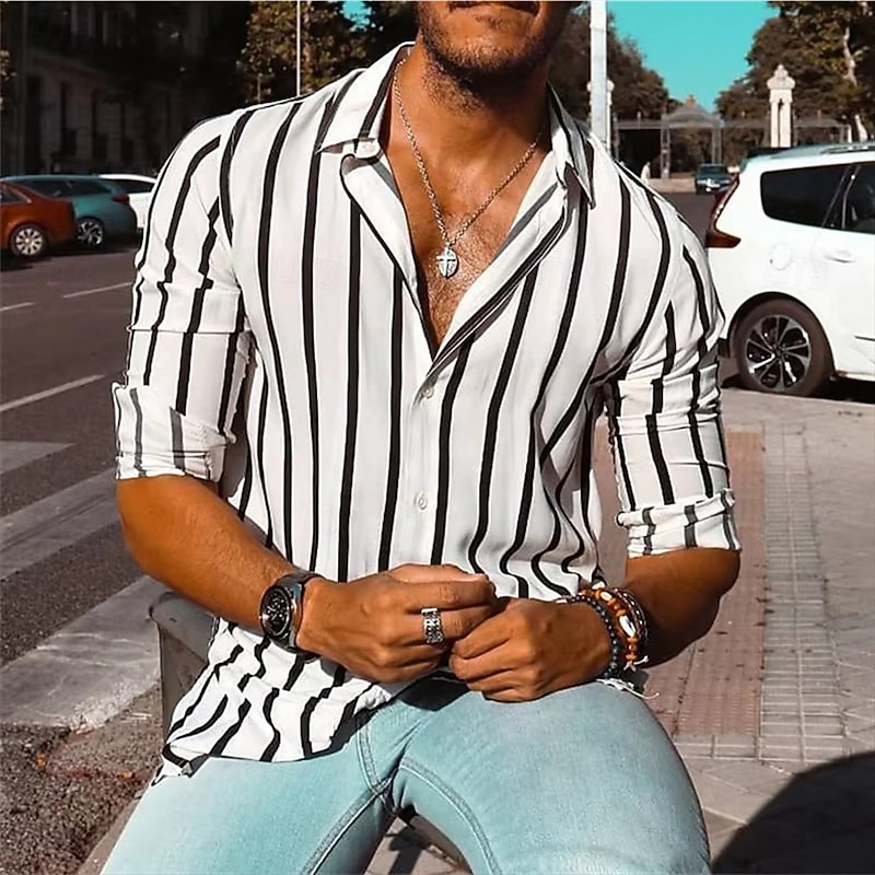 Men's Geometric Striped Shirt Button Up Shirt Casual Dress Shirt Long Sleeve Fashion Casual Formal Vacation Dailywear Summer Spring Turndown 3D Print Collared Shirts White Yellow Blue