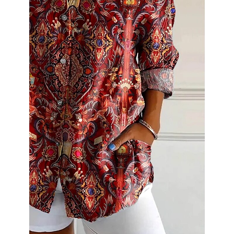 Women's Shirt Button Down Tunic Shirt Collar Long Sleeve Floral Graphic Paisley Bohemia Vintage Western Regular Tops Daily Holiday Vacation Wear s Print Maroon Blue Rose Pink Spring3