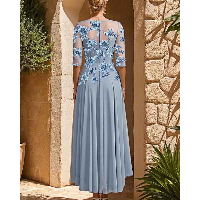 A-Line Floral Embroidered Lace Mother of the Bride Dress Elegant Simple Luxurious Boat Neck Floor Length Maxi Length Satin Lace Half Sleeve3