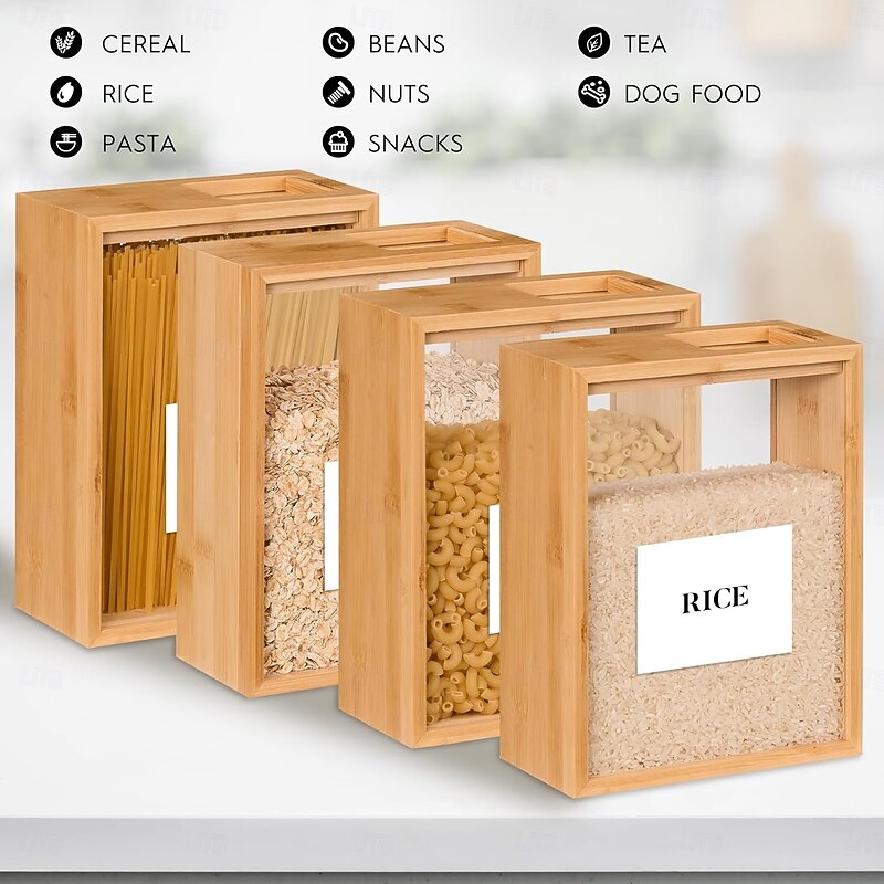 Food Dispenser 2L,Easy to Clean Bamboo Food Storage Containers Featuring a Removable PVC Door Panel,Cereal Cispensers For ServingTea,Coffee,Sugar,Candy,Pasta,Spice2