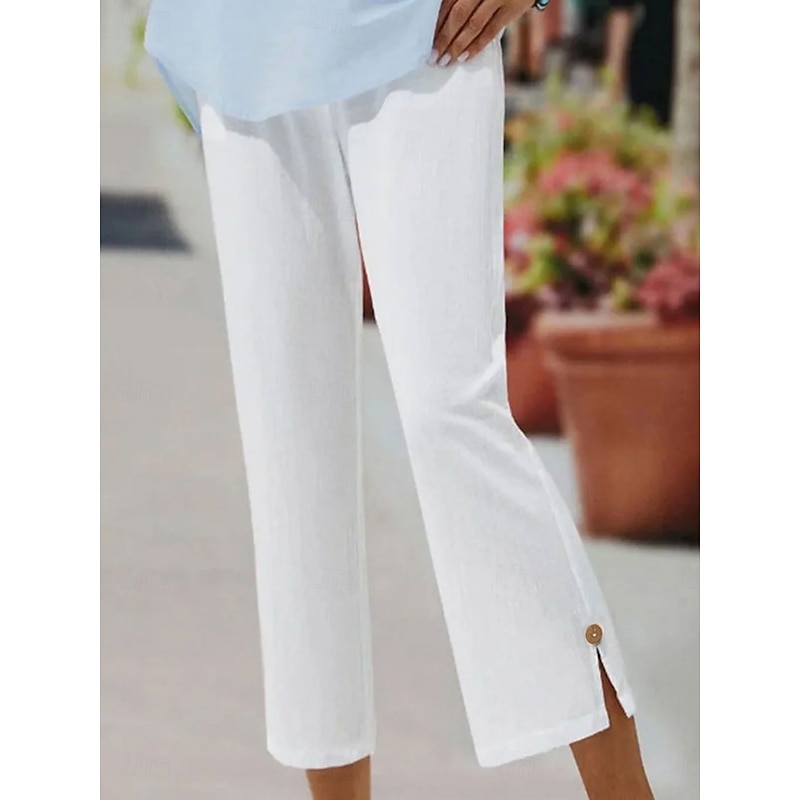 Women's Chinos Vacation Vintage Basic Calf-Length High Waist Plain Elastic Waistband Comfy Soft Comfortable Micro-elastic Formal Vacation Street White Summer Spring Loose Fit3