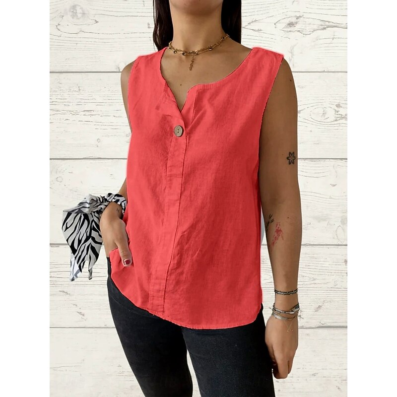 Women's Camisole Tank Top Solid Color Plain Basic Sleeveless V Neck Regular Tops Holiday Buttons White Army Green Red Beige Summer Spring3