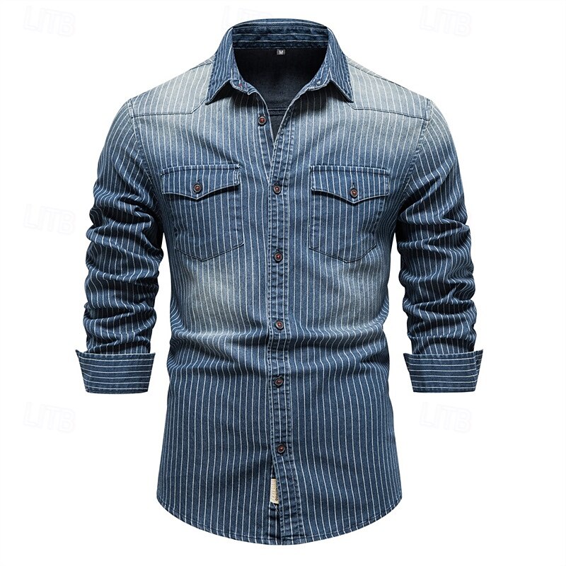 Men's Shirt Summer Shirt Casual Shirt Beach Shirt Button Up Shirt Black Navy Blue Long Sleeve Stripes Lapel Vacation Hawaiian Pocket Clothing Apparel Fashion Casual Comfortable2