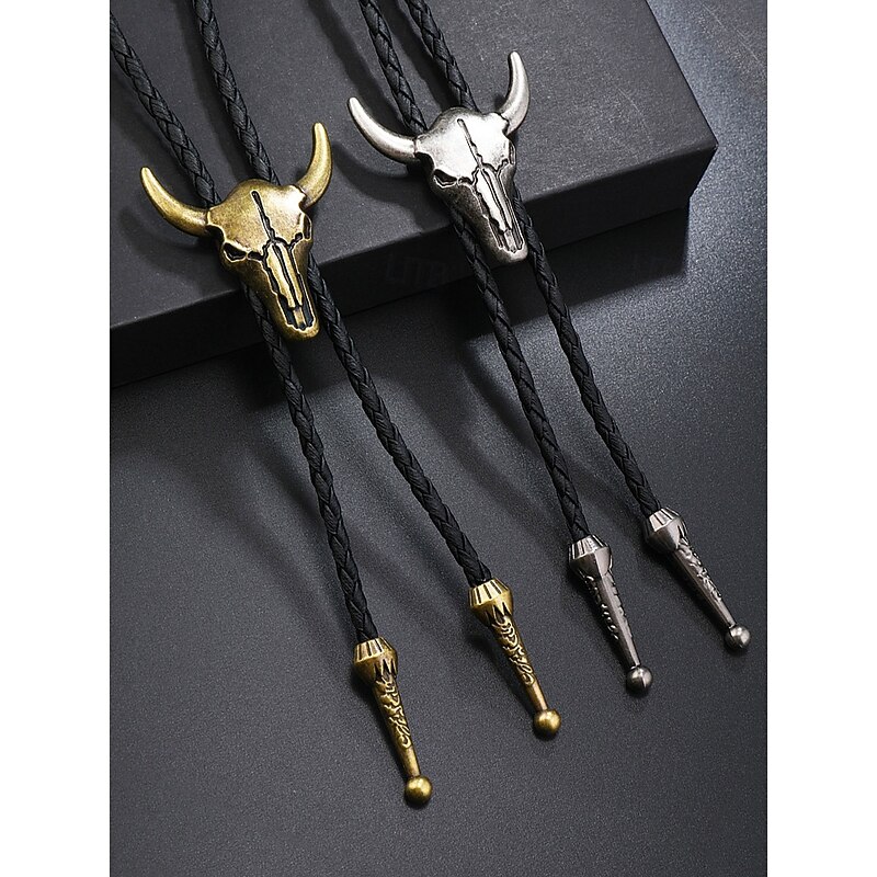 Men's Bull Head Bolo Tie Necklace – Western Cow Skull Pendant with Braided Leather Cord, Vintage Cowboy Style Accessory for Country Concerts, Rodeos and Daily Wear4