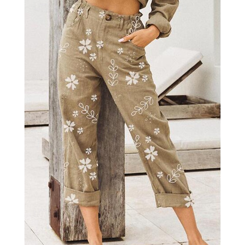 Women's Cotton Linen Pants Fashion Streetwear Full Length Natural Flower Pocket Elastic Waist Printing Comfy Outdoor Comfortable Vacation Street Black Pink Blue Khaki Summer Regular Fit4