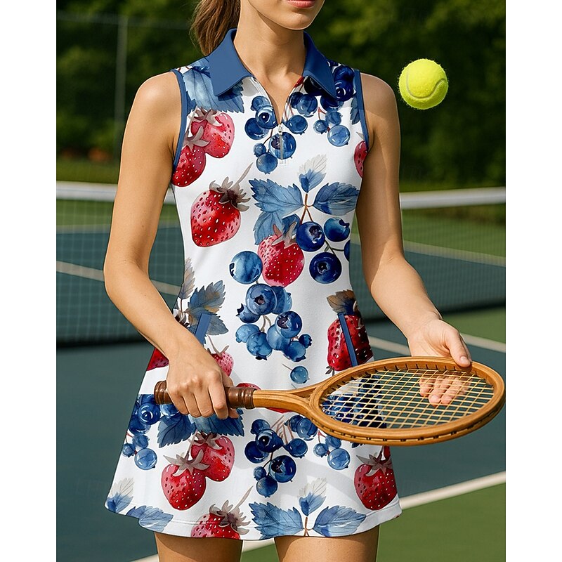 Women's Fruit Floral Tennis Dress Sports Dress Sleeveless Print Breathable Tennis Golf Badminton Polo Collar Zip Collar Dress Blue Tennis Clothing