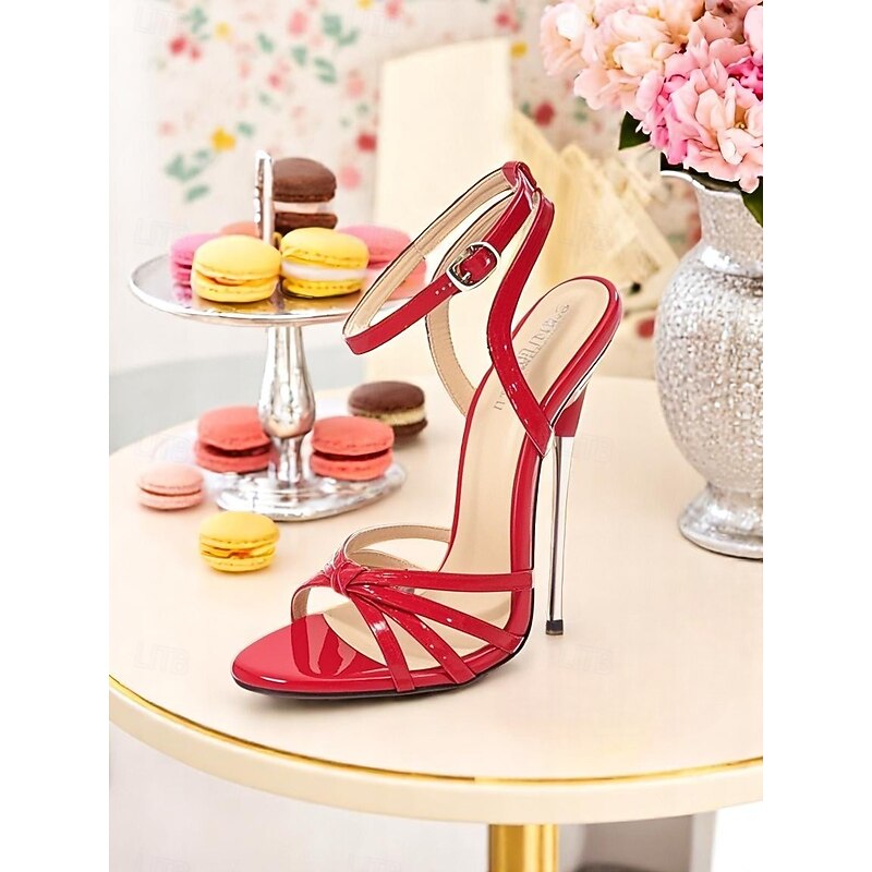 Women's Red Patent Leather Stiletto Heels - Strappy Knot Sandals with Ankle Strap for Sexy Nightlife and Club Party Outfits