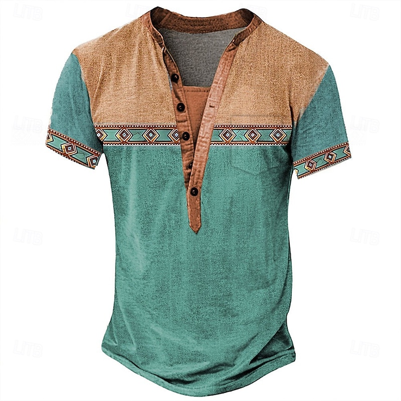 Men's Tribal Ethnic T Shirt Henley Shirt Tee Short Sleeve Designer Basic Ethnic Outdoor Casual Daily Summer Lake blue Black Light Green Dark Blue Light Blue Henley Henley T-Shirt