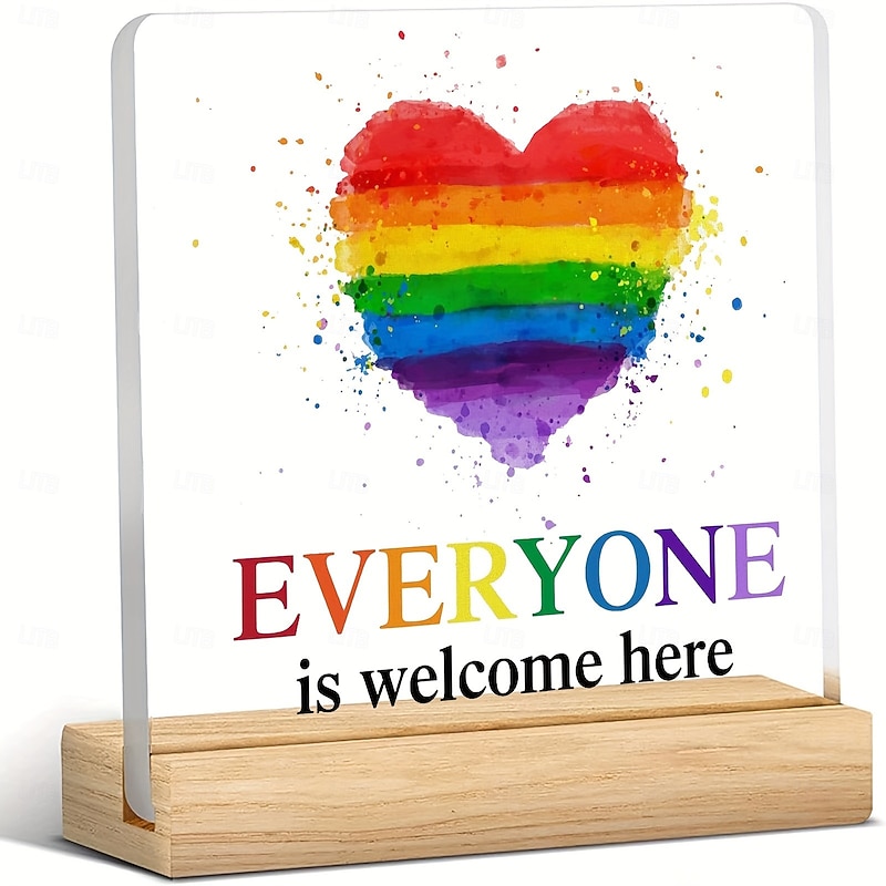 Pride Desk Decorative Sign Acrylic Sign With Wooden Stand Love Is Love Rainbow Theme Decorative Desk Sign with Wooden Stand, LGBTQ Pride Month Office Table Shelf Decor, Party Supplies