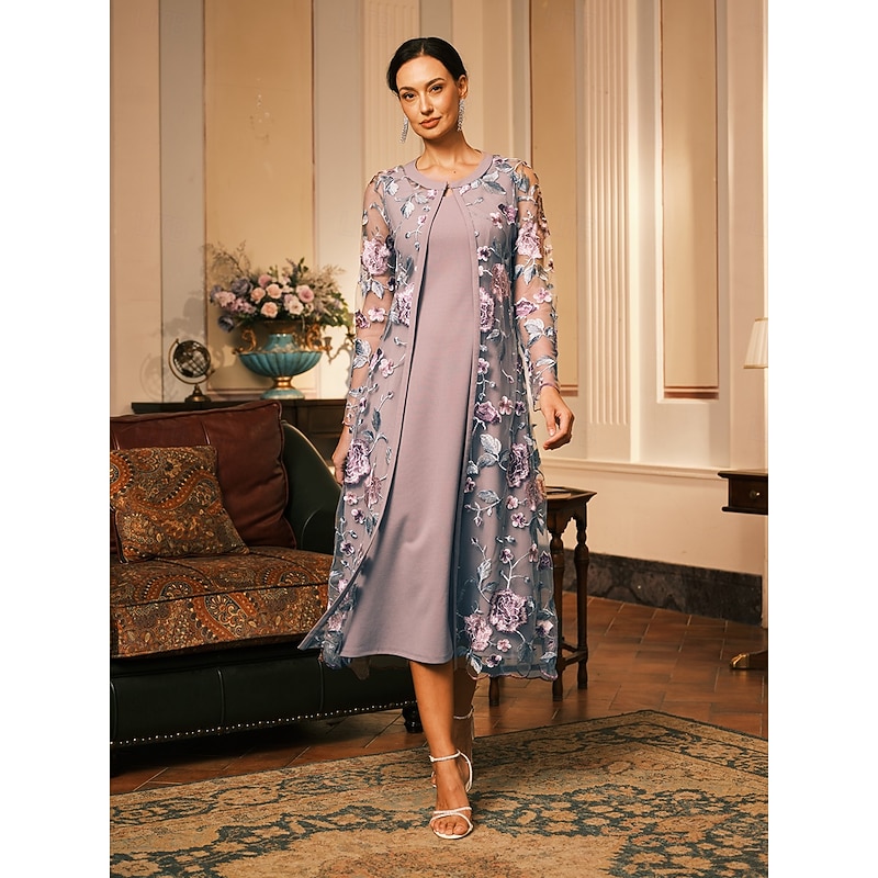 Women's Midi Dress Sheath Dress Dress With Jacket Cocktail Semi Formal Formal Party Wedding Guest Regular Fit Floral Long Sleeve Crew Neck Gray Pink Spring Fall Winter