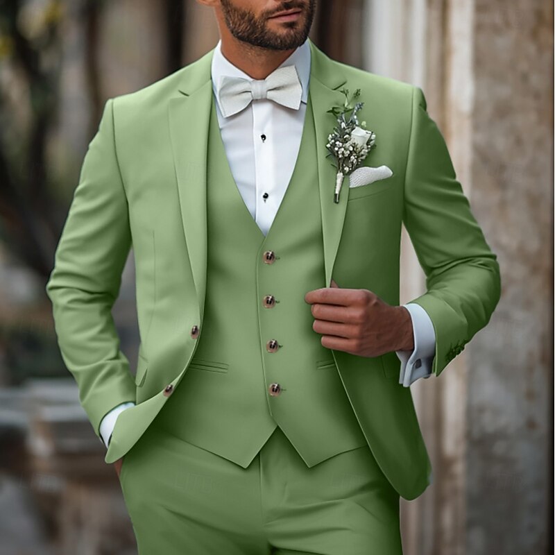 Men's Wedding Suits Sage Formal Summer Solid Colored Standard Fit 3 Piece Single Breasted Two-buttons