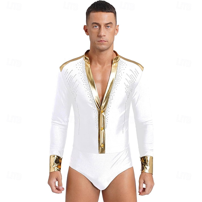 Men Shiny Rhinestones V Neck Long Sleeves Latin Dance Shirt Figure Skating Dance Leotard Bodysuit Costume