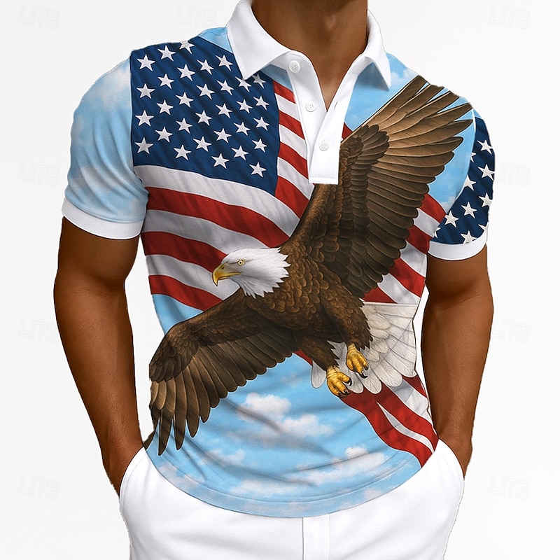 Independence Day Men's American US Flag Eagle Polo Short Sleeves Lapel Casual Daily Sports & Outdoor Athleisure Festival Buttons Summer Dark red Robin's Egg Blue Navy Blue