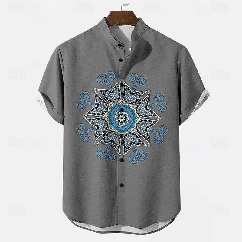 Men's Geometric Floral Print Ethnic Shirt Button Up Shirt Stand Collar Shirt Short Sleeve Vintage Retro Vacation Dailywear Beach Wear Summer Spring Mandarin Collar 3D Print Linen Like Shirt White