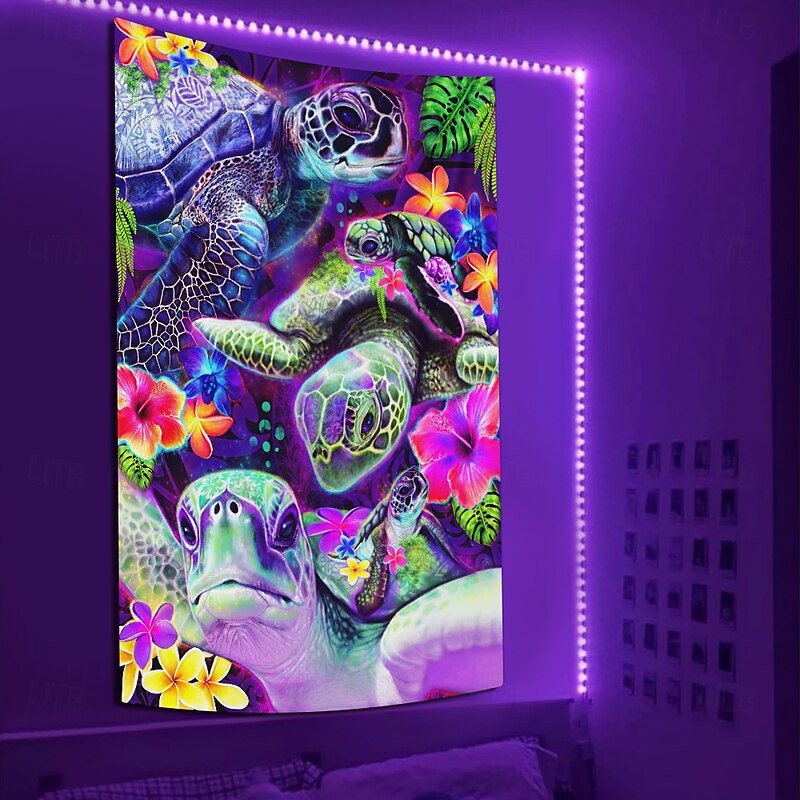 Sheena Pike Blacklight Tapestry Glow in the Dark Glow Party UV Reactive Trippy Misty Hanging Tapestry Wall Art Mural for Living Room Bedroom Day Dream Sea Turtles3