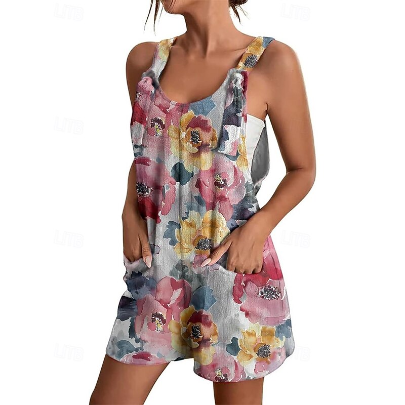 Women's Normal Jumpsuit Casual Floral Sleeveless Baggy Shorts Crew Neck Pocket Print Street Daily Regular Fit Pink Dusty Rose Navy Blue Summer3