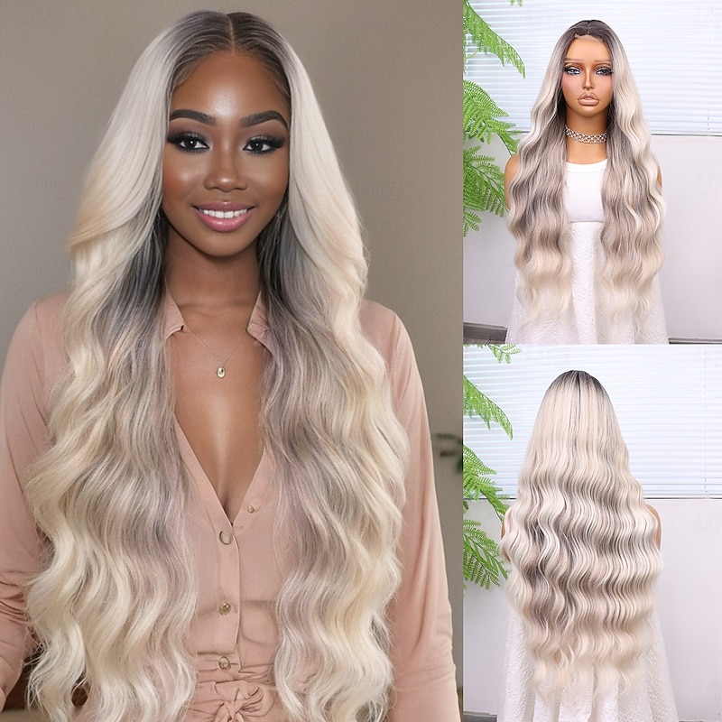 Synthetic Lace Wig Curly Style 28 inch Gray Middle Part U Part Wig Women's Wig Silver grey
