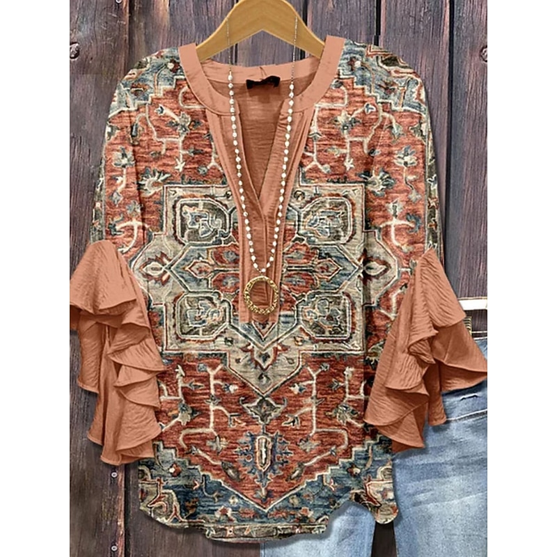 Women's Retro Blouse Layered Ruffle Sleeve Tops Vintage Graphic Geometric Vintage Daily Stylish 3/4 Length Sleeve Regular Tops Daily Holiday Vacation Wear Print Wine Camel Orange Summer Spring3