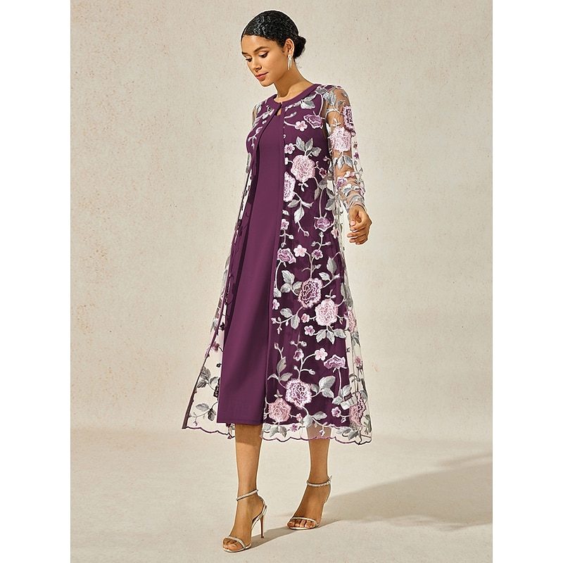 Women's Tea Length Sheath Dress Dress With Jacket Elegant Cocktail Semi Formal Wedding Party Wedding Guest Floral Long Sleeve Crew Neck Purple Spring Fall Winter