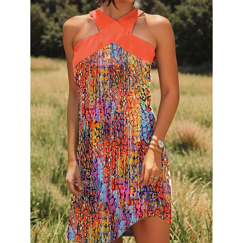 Women's Mini Dress Sundress A Line Dress Vacation Casual Going out Regular Fit Ombre Graphic Polka Dot Sleeveless Halter Neck Blue Purple Orange Summer2