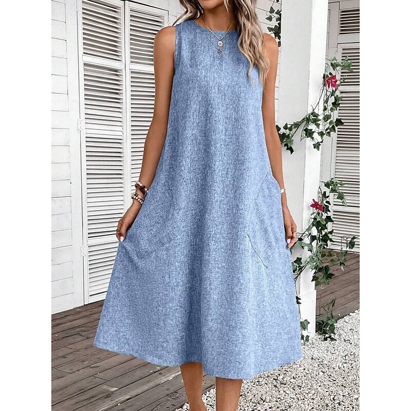 Women's Midi Dress Shift Dress Summer Dress Casual Daily Regular Fit Solid Color Sleeveless Crew Neck Pink Navy Blue Blue Summer3