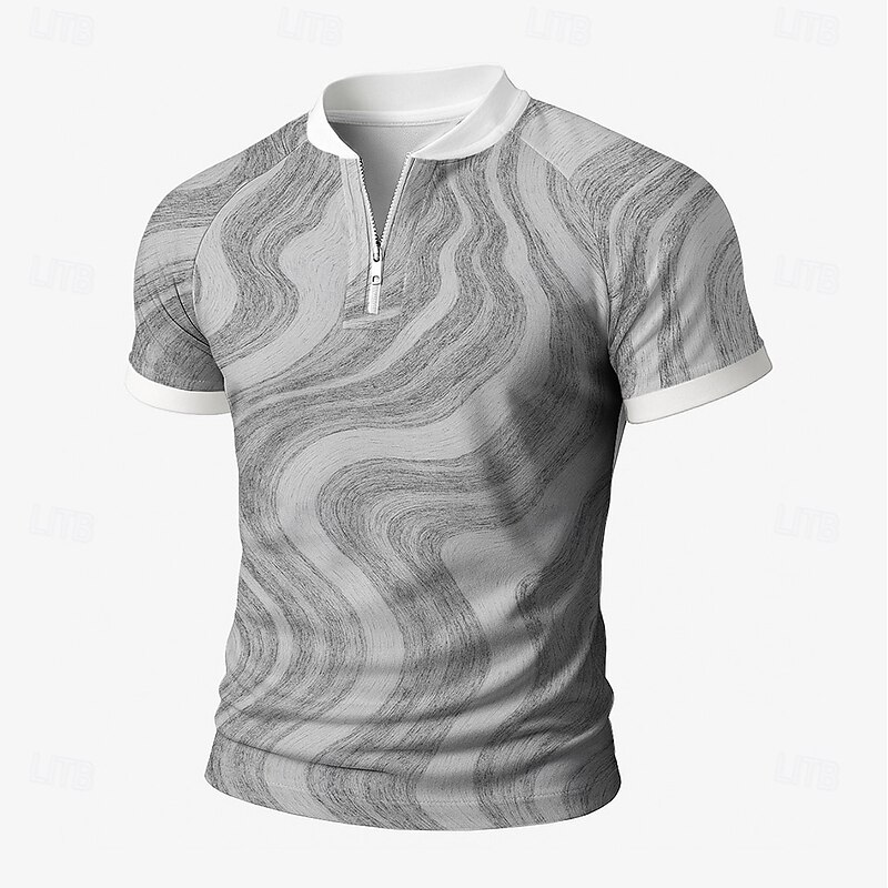 Men's Line Zip Polo Short Sleeve Stand Collar Business Leisure Business Casual Daily Zipper 3D Print Summer Robin's Egg Blue Light Blue ash-colored4