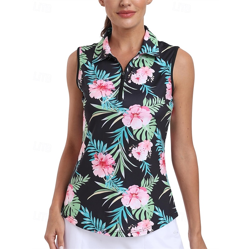 Women's Floral Tennis Shirt Sleeveless Print UPF50+ Quick Dry Tennis Golf Badminton Zip Collar Tee Tshirt Top Pink Green Tennis Clothing