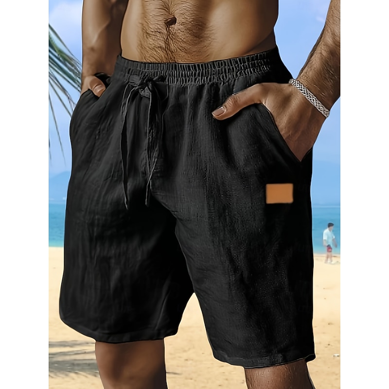 Men's Shorts Linen Shorts Summer Shorts Beach Shorts Baggy Shorts Drawstring Elastic Waist Straight Leg Plain Comfort Breathable Knee Length Outdoor Holiday Beach Vacation Classic Style Black White2