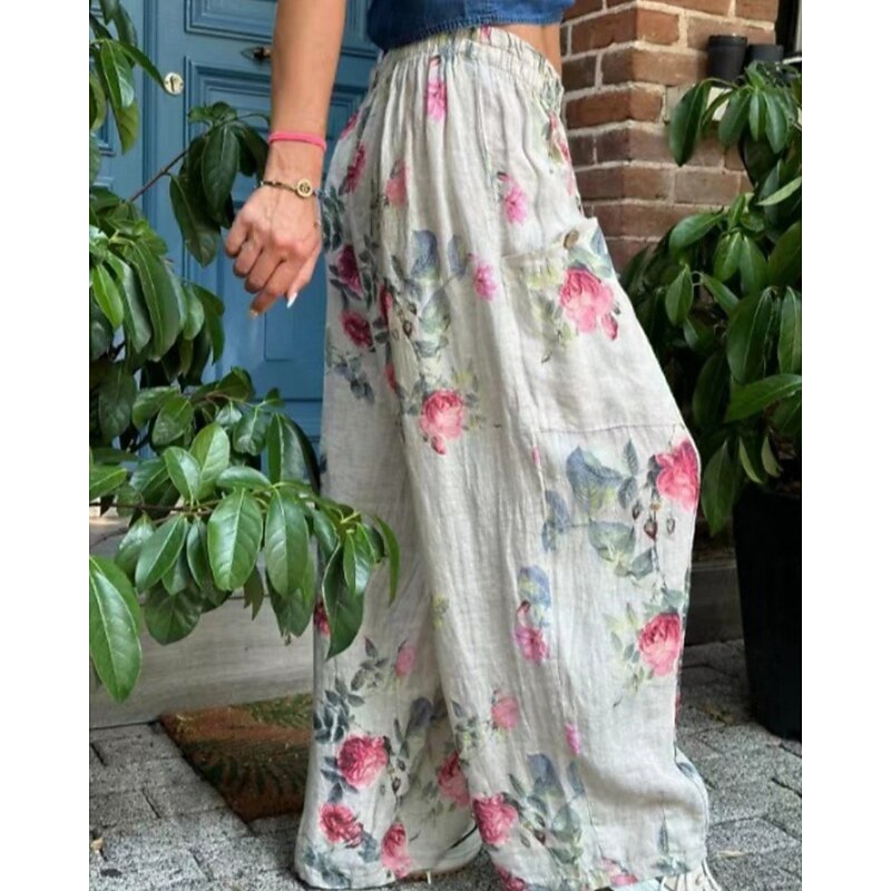 Women's Cotton Linen Pants Slacks Streetwear Casual Full Length Natural Flower Pocket Elastic Waist Printing Comfy Comfortable Holiday Weekend Peacock Blue Grey Black White Summer Regular Fit3